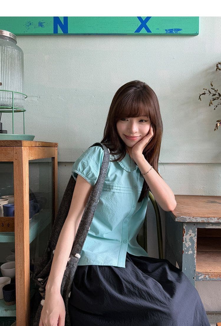 정가 순면 장기 Pleat 레이스 베이비 칼라 고급 작은 셔츠 여성 여름 시안 반팔 셔츠 맨위 상세 이미지 6