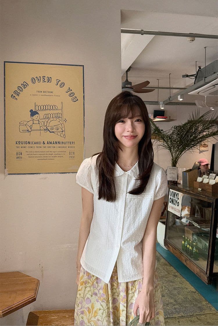정가 순면 장기 Pleat 레이스 베이비 칼라 고급 작은 셔츠 여성 여름 시안 반팔 셔츠 맨위 상세 이미지 7