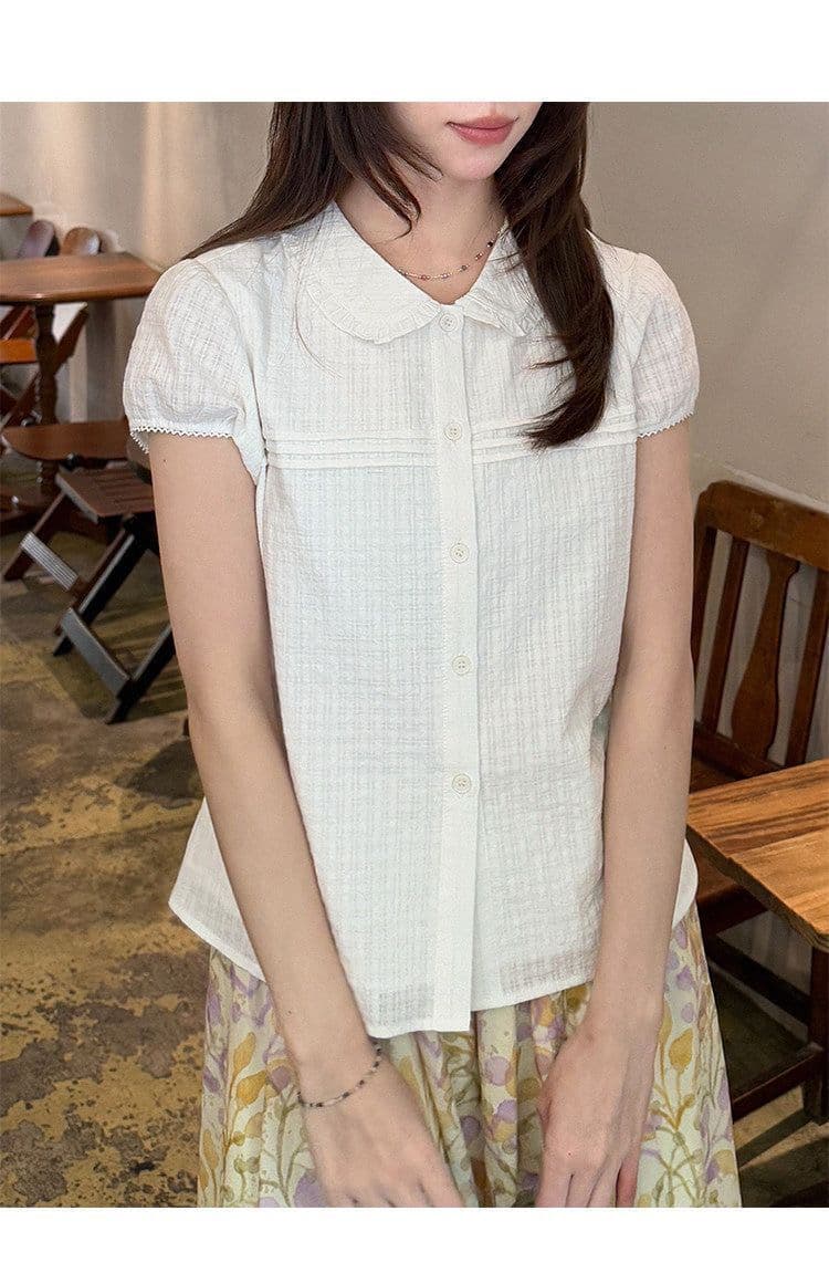 정가 순면 장기 Pleat 레이스 베이비 칼라 고급 작은 셔츠 여성 여름 시안 반팔 셔츠 맨위 상세 이미지 10