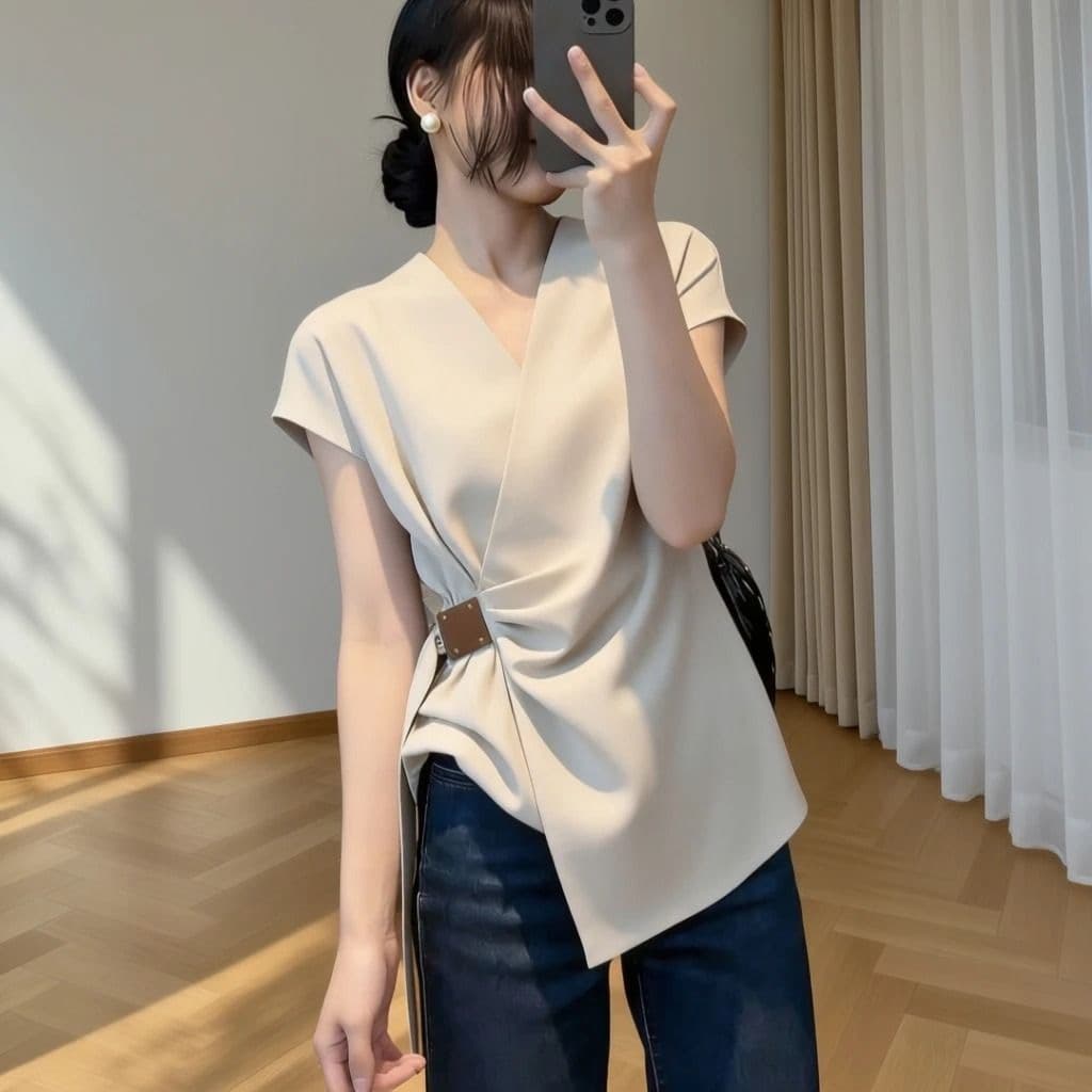 경관 그림 정가 여름 새로운 몸매 가꾸기 슬림해 보이는 한국 스타일 출퇴근 패션 다용도 V넥 반팔 셔츠 맨위 상세 이미지 6