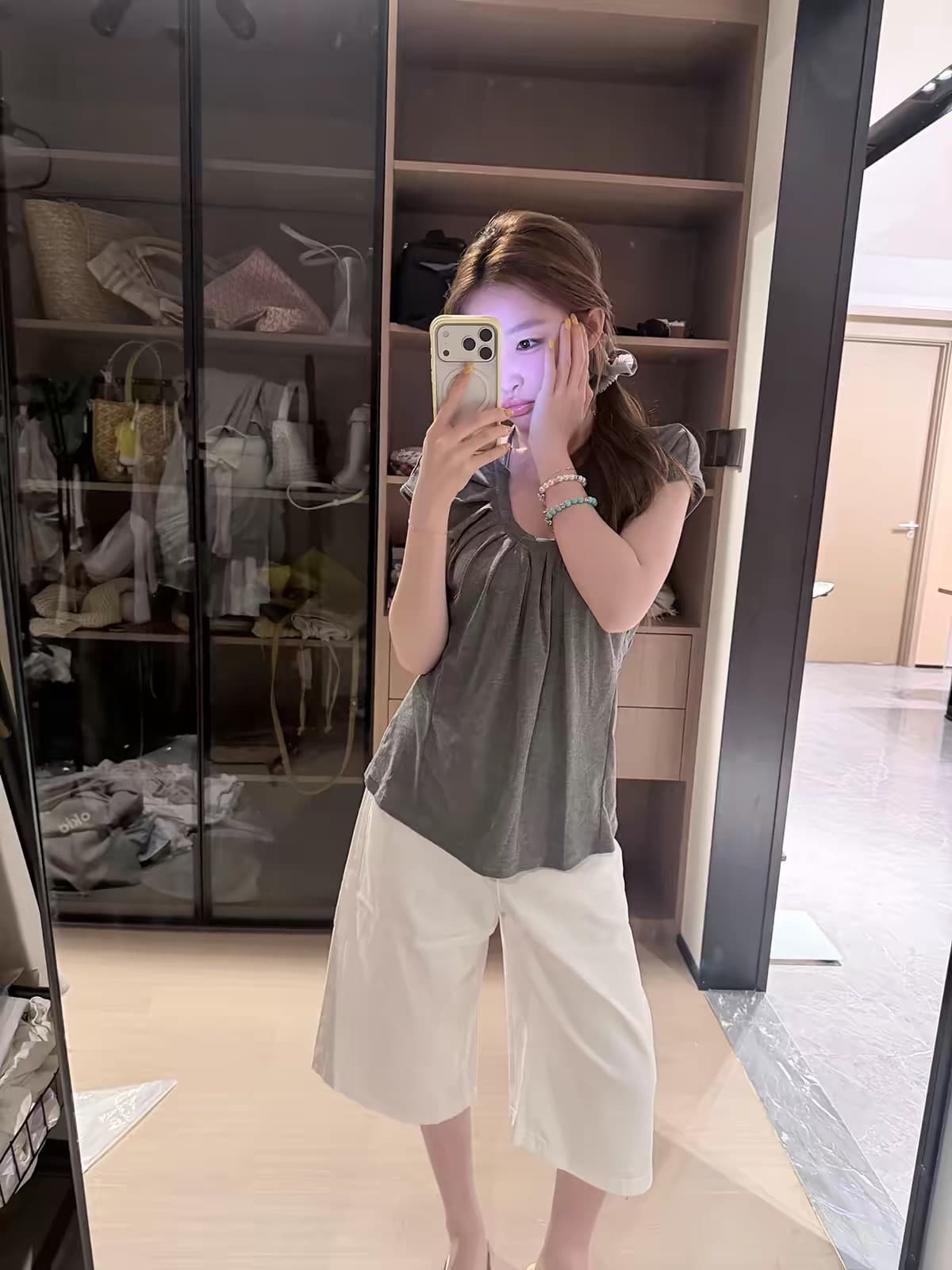 1 1 인 면 260 그램 한 부서 주름 행침 목 u 칼라 다용도 고급 센스 외국 가스 반팔 티셔츠 여성 상세 이미지 6