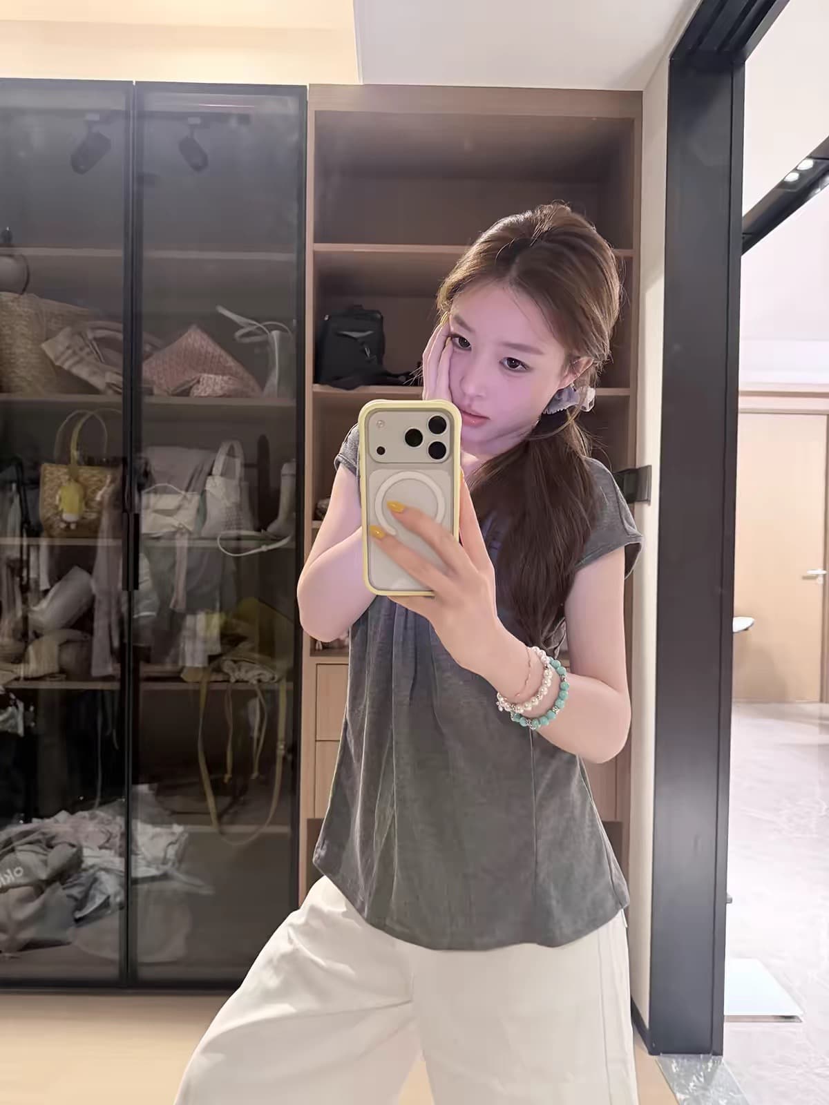 1 1 인 면 260 그램 한 부서 주름 행침 목 u 칼라 다용도 고급 센스 외국 가스 반팔 티셔츠 여성 상세 이미지 9