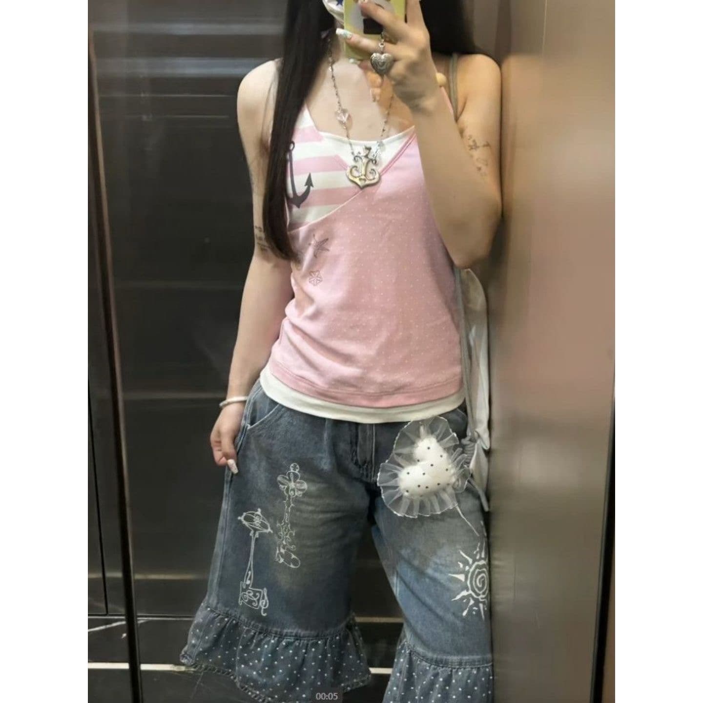 40 순면 리브 210 그램 1 1+ 프린트 압력 구슬 배색 패치워크 y2k 민소매 맨위 이미지 3
