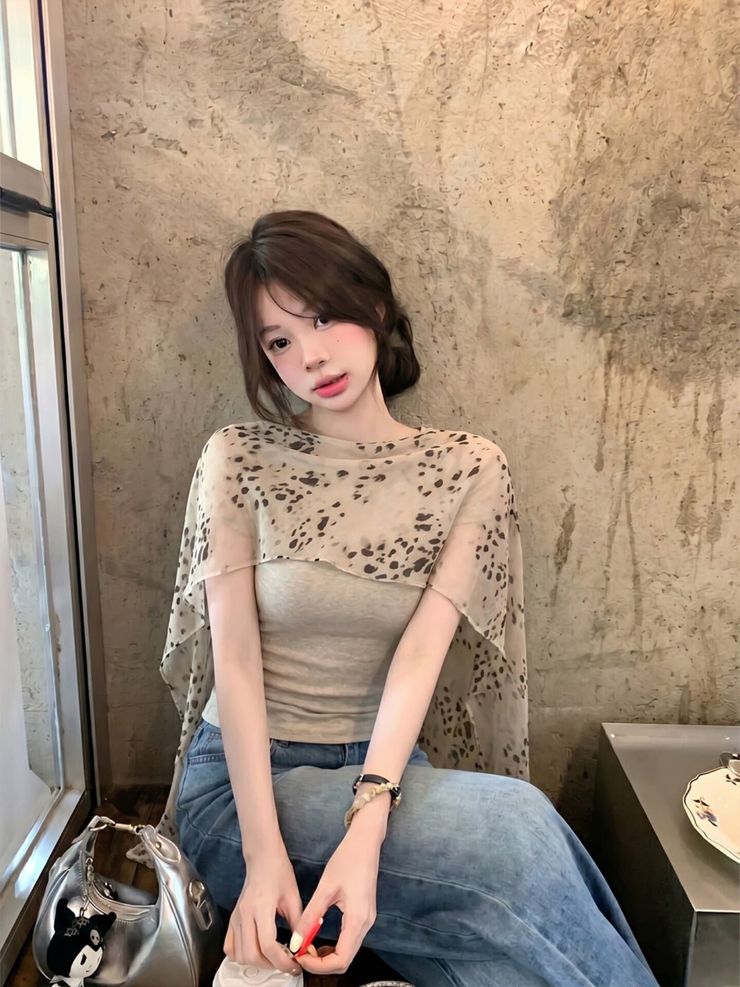 레오파드 무늬 숄 민소매 티셔츠 여성 여름 프랑스식 허리 수축 몸매 가꾸기 슬림해 보이는 디자인 센스 순수한 욕망 페이크 레이어드 쇼트 스타일 맨위 상세 이미지 4