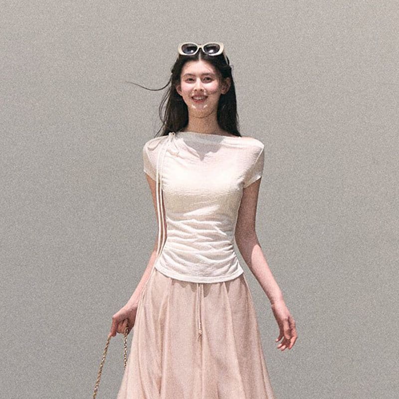 경관 그림 정가 원본 대나무 마디 주름 프랑스식 패션 작은 대중 반팔 티셔츠 여성 여름 몸매 가꾸기 디자인 센스 다용도 맨위
