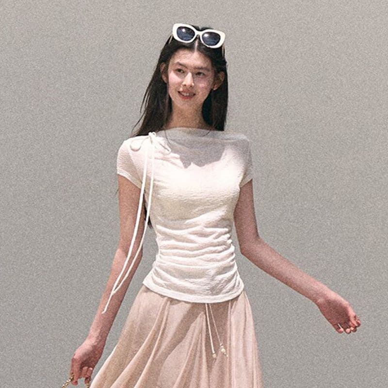 경관 그림 정가 원본 대나무 마디 주름 프랑스식 패션 작은 대중 반팔 티셔츠 여성 여름 몸매 가꾸기 디자인 센스 다용도 맨위 이미지 5
