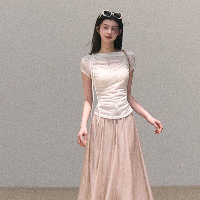 경관 그림 정가 원본 대나무 마디 주름 프랑스식 패션 작은 대중 반팔 티셔츠 여성 여름 몸매 가꾸기 디자인 센스 다용도 맨위 이미지 2