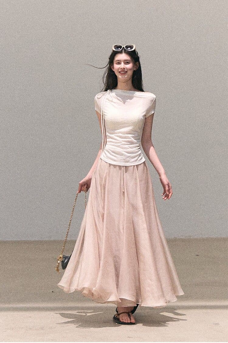 경관 그림 정가 원본 대나무 마디 주름 프랑스식 패션 작은 대중 반팔 티셔츠 여성 여름 몸매 가꾸기 디자인 센스 다용도 맨위 상세 이미지 2
