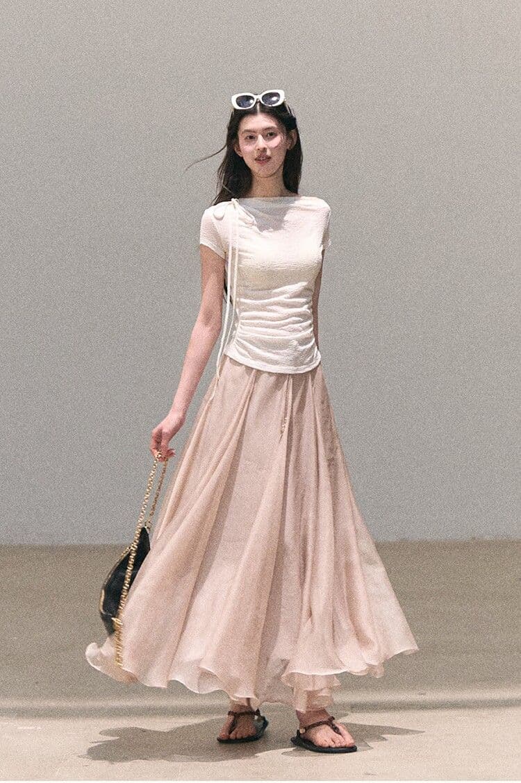 경관 그림 정가 원본 대나무 마디 주름 프랑스식 패션 작은 대중 반팔 티셔츠 여성 여름 몸매 가꾸기 디자인 센스 다용도 맨위 상세 이미지 3