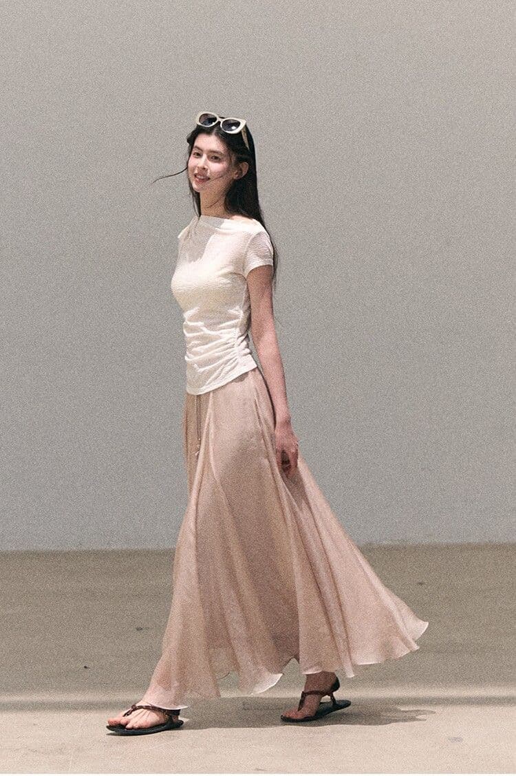 경관 그림 정가 원본 대나무 마디 주름 프랑스식 패션 작은 대중 반팔 티셔츠 여성 여름 몸매 가꾸기 디자인 센스 다용도 맨위 상세 이미지 4