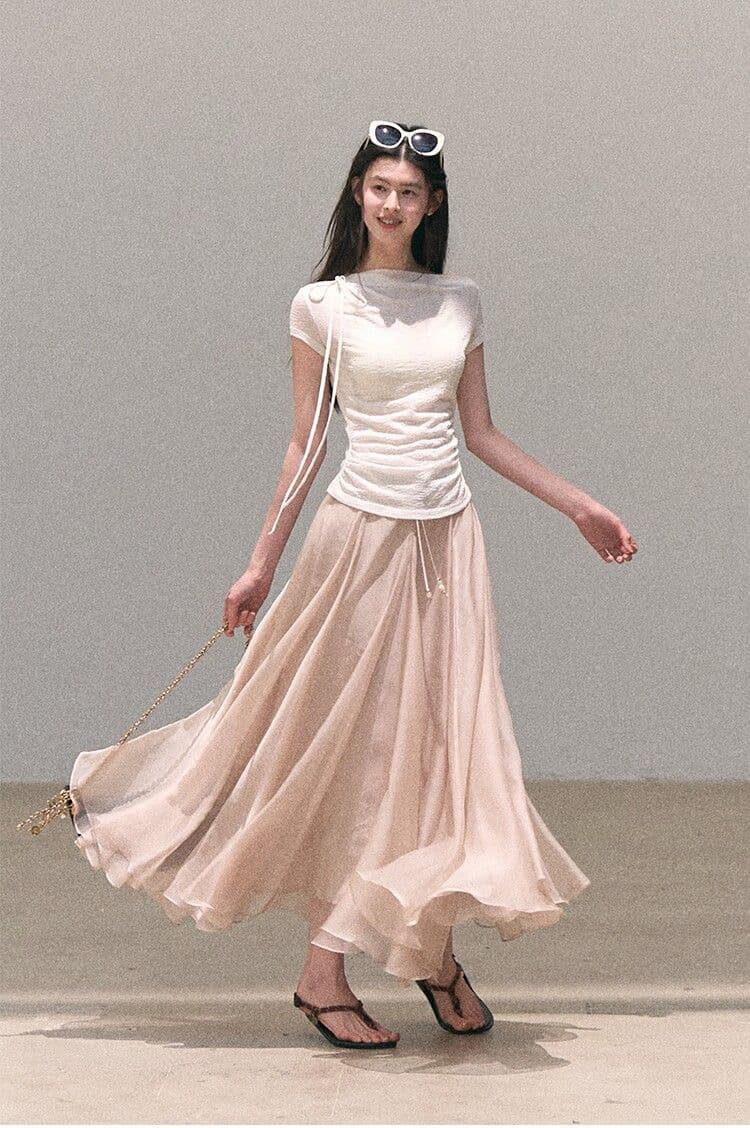 경관 그림 정가 원본 대나무 마디 주름 프랑스식 패션 작은 대중 반팔 티셔츠 여성 여름 몸매 가꾸기 디자인 센스 다용도 맨위 상세 이미지 5