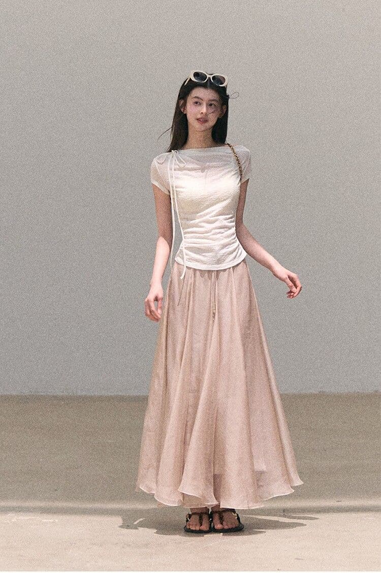 경관 그림 정가 원본 대나무 마디 주름 프랑스식 패션 작은 대중 반팔 티셔츠 여성 여름 몸매 가꾸기 디자인 센스 다용도 맨위 상세 이미지 6