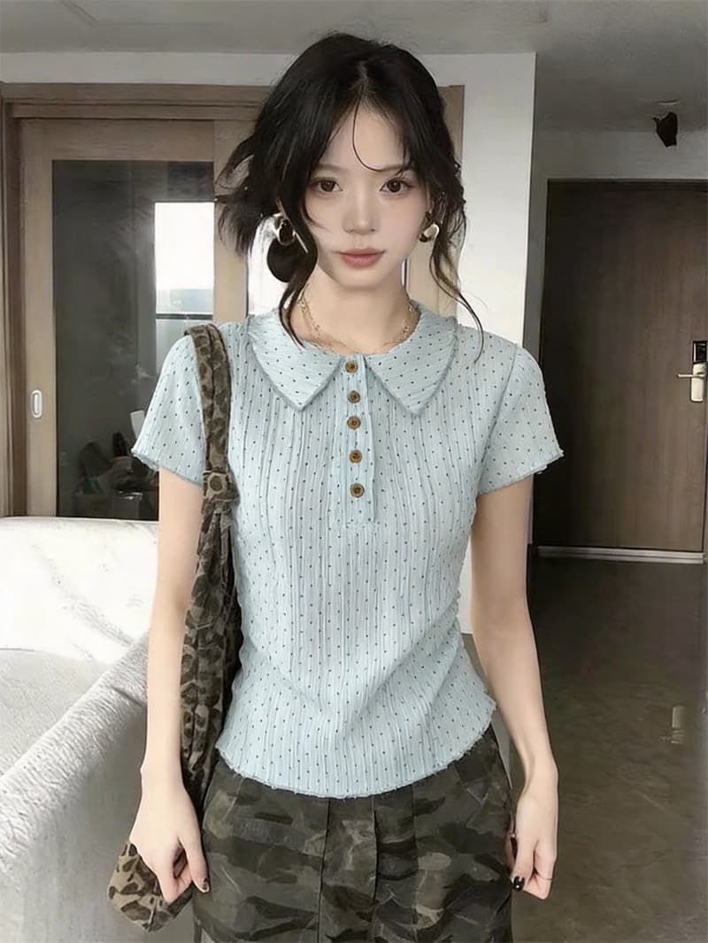 원본 1 1 제품 훌륭함 섹션 한 부서 폴로 칼라 도트 무늬 반팔 티셔츠 여성 여름 달콤함 긍정적 인 어깨 레이스 작은 셔츠 이미지 4