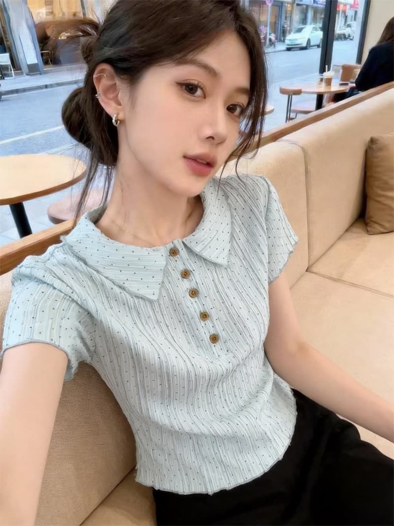 원본 1 1 제품 훌륭함 섹션 한 부서 폴로 칼라 도트 무늬 반팔 티셔츠 여성 여름 달콤함 긍정적 인 어깨 레이스 작은 셔츠 이미지 3