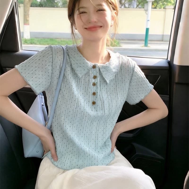 원본 1 1 제품 훌륭함 섹션 한 부서 폴로 칼라 도트 무늬 반팔 티셔츠 여성 여름 달콤함 긍정적 인 어깨 레이스 작은 셔츠 이미지 5