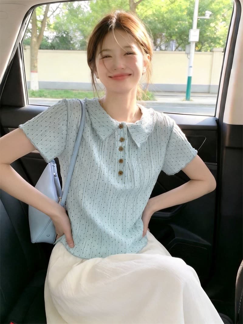 원본 1 1 제품 훌륭함 섹션 한 부서 폴로 칼라 도트 무늬 반팔 티셔츠 여성 여름 달콤함 긍정적 인 어깨 레이스 작은 셔츠 상세 이미지 2