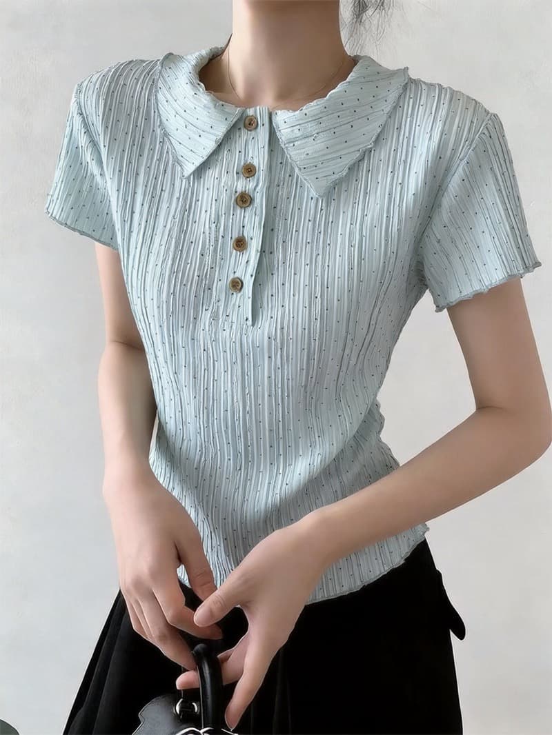원본 1 1 제품 훌륭함 섹션 한 부서 폴로 칼라 도트 무늬 반팔 티셔츠 여성 여름 달콤함 긍정적 인 어깨 레이스 작은 셔츠 상세 이미지 3