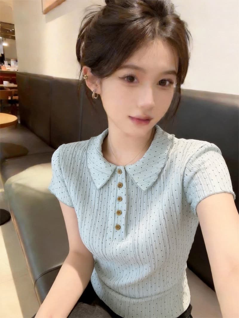 원본 1 1 제품 훌륭함 섹션 한 부서 폴로 칼라 도트 무늬 반팔 티셔츠 여성 여름 달콤함 긍정적 인 어깨 레이스 작은 셔츠 상세 이미지 6