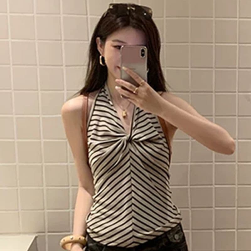 한 부서 배색 스트라이프 행침 목 조끼 여성 여름 매듭 디자인 센스 슬림해 보이는 슬립 개성 제인 트렌디 바람 맨위 트렌디 상세 이미지 1