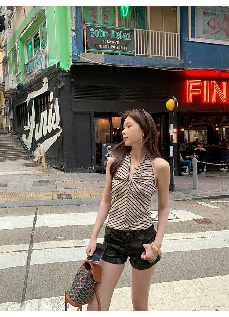 한 부서 배색 스트라이프 행침 목 조끼 여성 여름 매듭 디자인 센스 슬림해 보이는 슬립 개성 제인 트렌디 바람 맨위 트렌디 상세 이미지 4