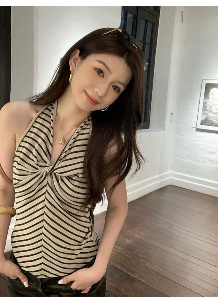 한 부서 배색 스트라이프 행침 목 조끼 여성 여름 매듭 디자인 센스 슬림해 보이는 슬립 개성 제인 트렌디 바람 맨위 트렌디 상세 이미지 6