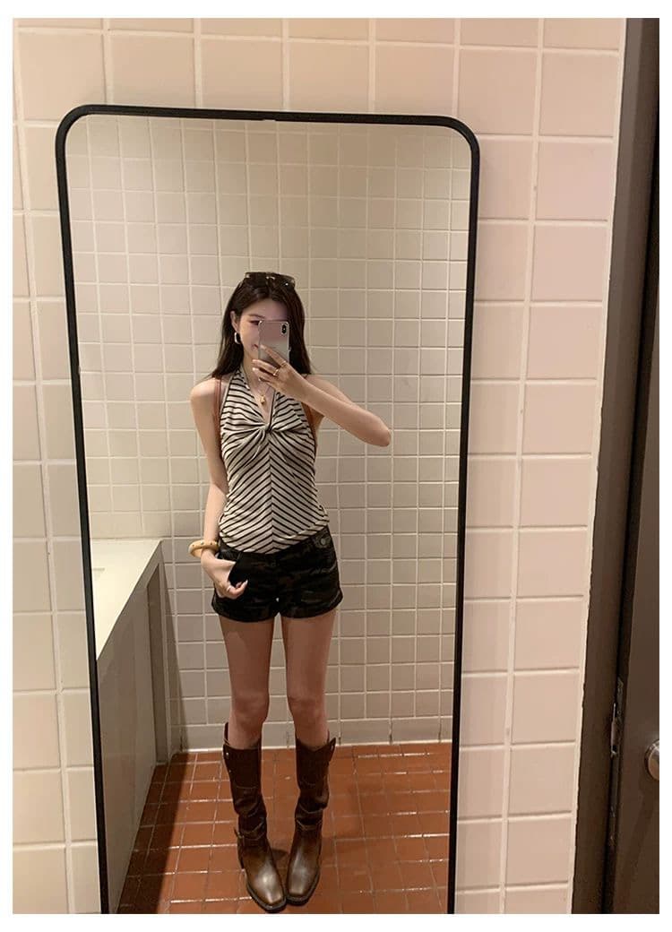 한 부서 배색 스트라이프 행침 목 조끼 여성 여름 매듭 디자인 센스 슬림해 보이는 슬립 개성 제인 트렌디 바람 맨위 트렌디 상세 이미지 8