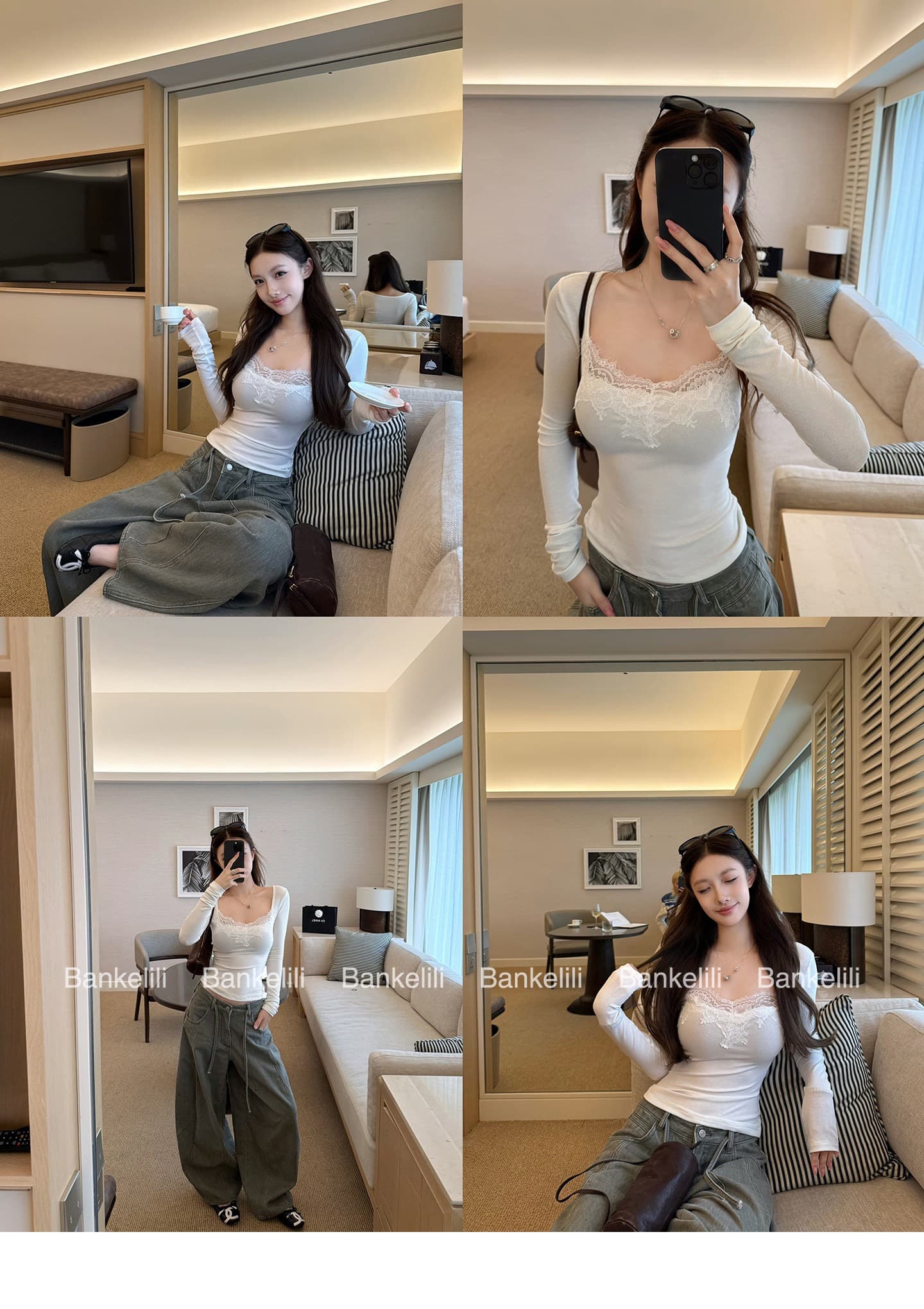 260 그램 사람들 면 한 부서 레이스 우아함 레이스 광장 칼라 긴팔 기본 셔츠 여성 여름과 가을 허리 수축 쇼트 스타일 맨위 상세 이미지 2