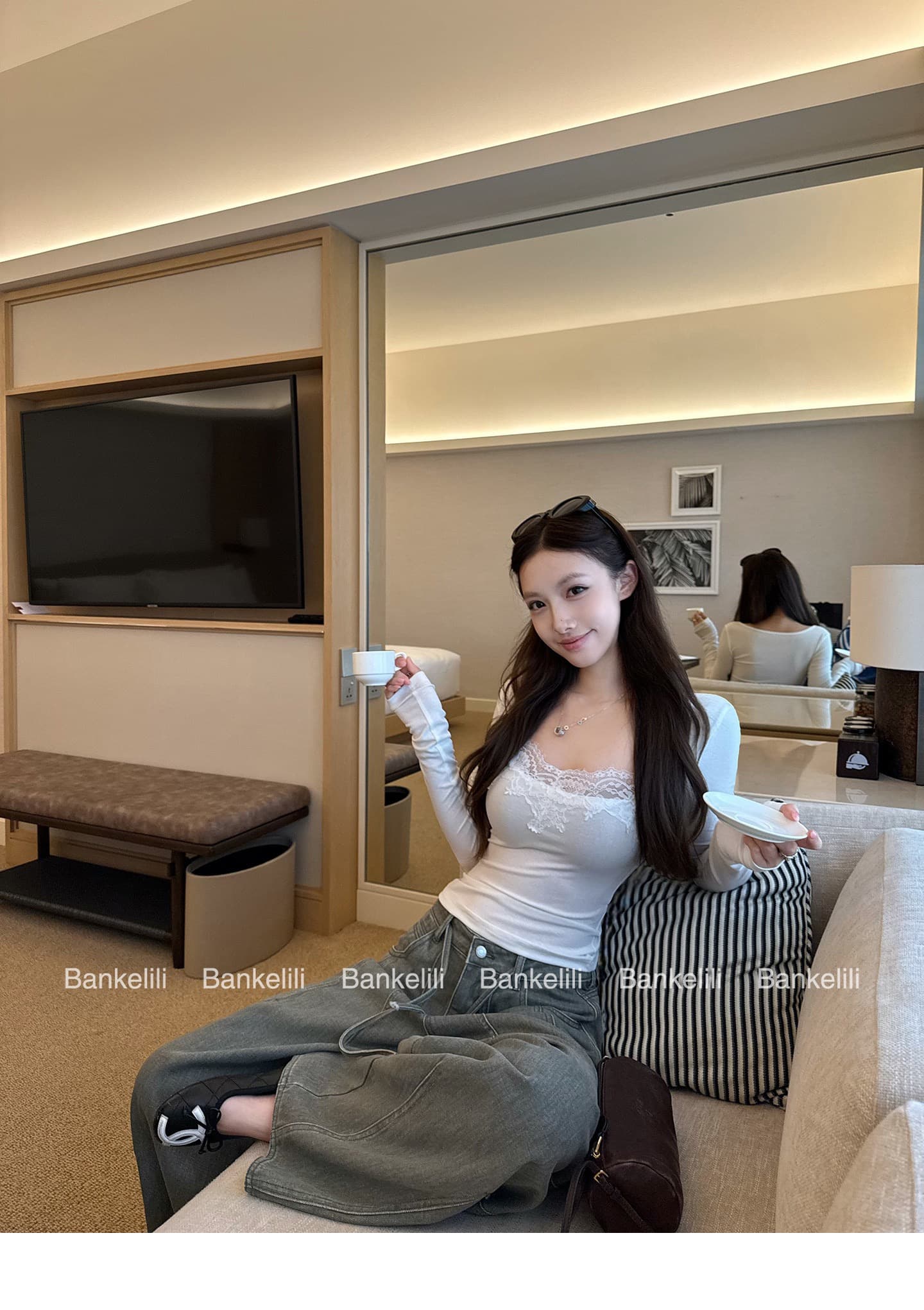 260 그램 사람들 면 한 부서 레이스 우아함 레이스 광장 칼라 긴팔 기본 셔츠 여성 여름과 가을 허리 수축 쇼트 스타일 맨위 상세 이미지 6