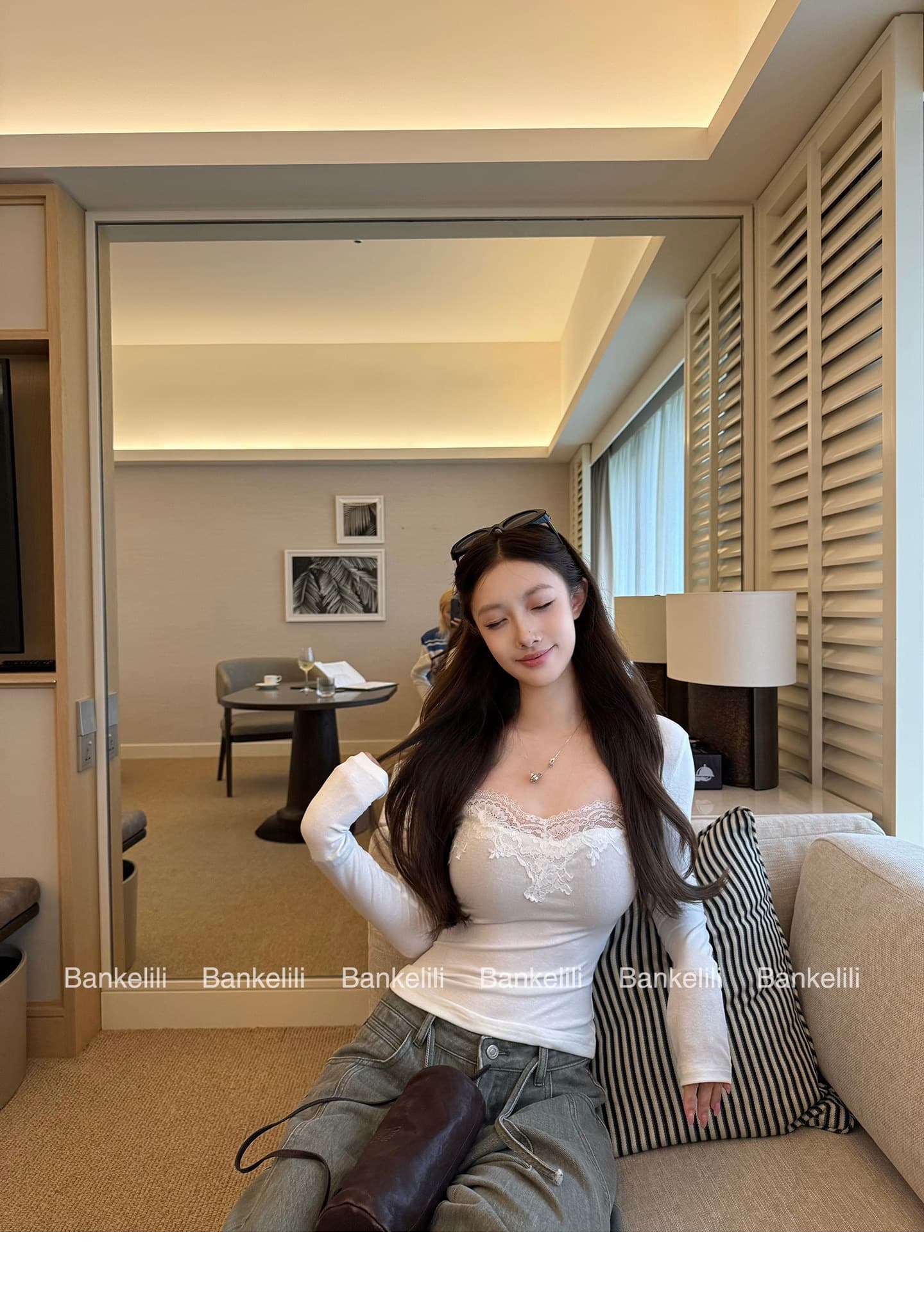 260 그램 사람들 면 한 부서 레이스 우아함 레이스 광장 칼라 긴팔 기본 셔츠 여성 여름과 가을 허리 수축 쇼트 스타일 맨위 상세 이미지 8