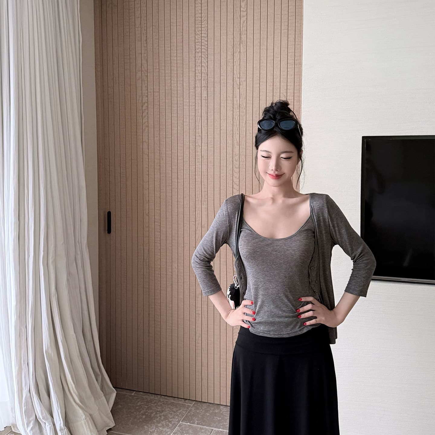 모달 삼색 긴팔 오픈 가디건 여성 여름과 가을 착용 가져 가라. 세트 얇은 스타일 오픈 가디건 캐미솔 맨위 투피스 세트 상세 이미지 4