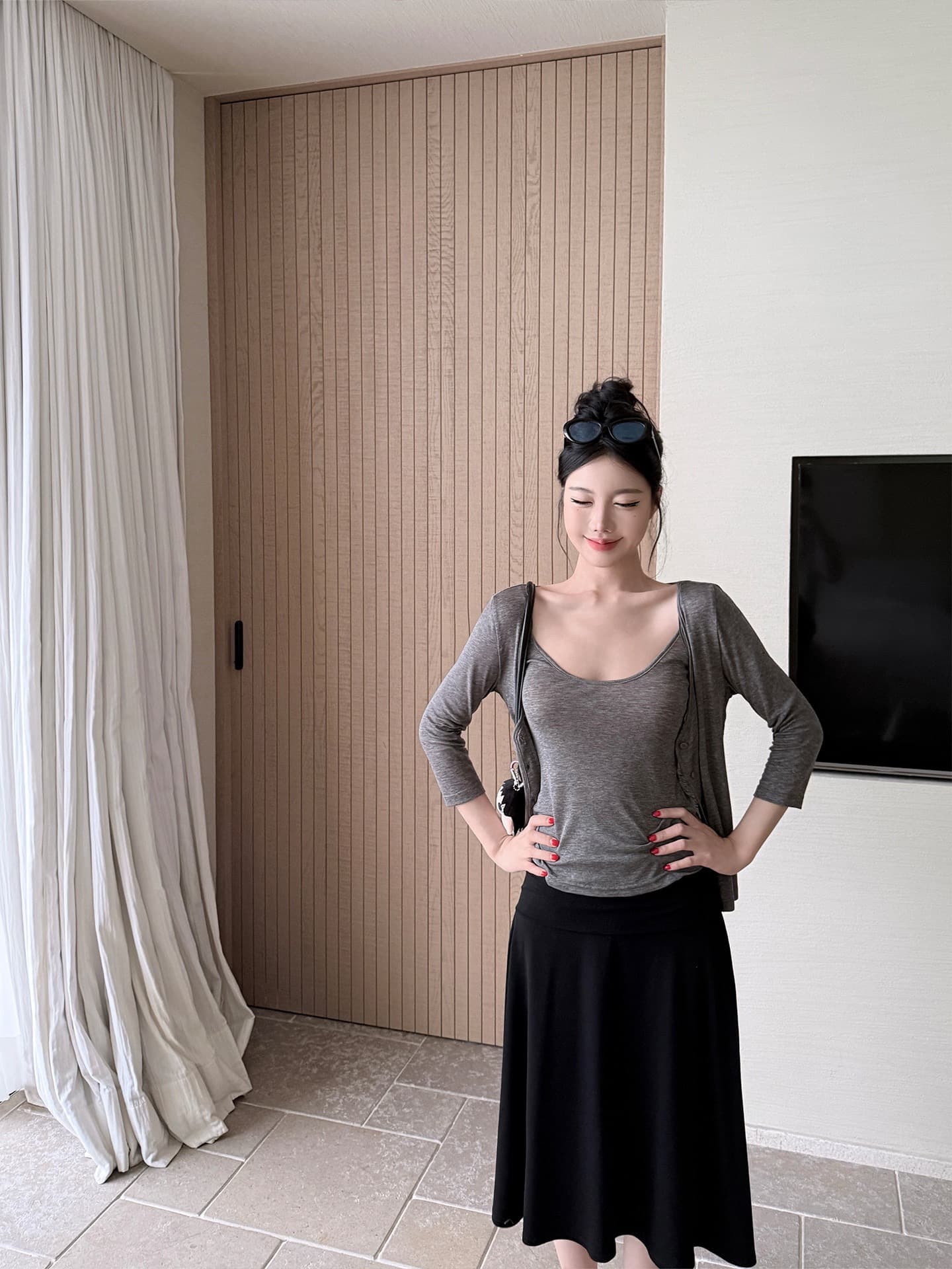 모달 삼색 긴팔 오픈 가디건 여성 여름과 가을 착용 가져 가라. 세트 얇은 스타일 오픈 가디건 캐미솔 맨위 투피스 세트 상세 이미지 10