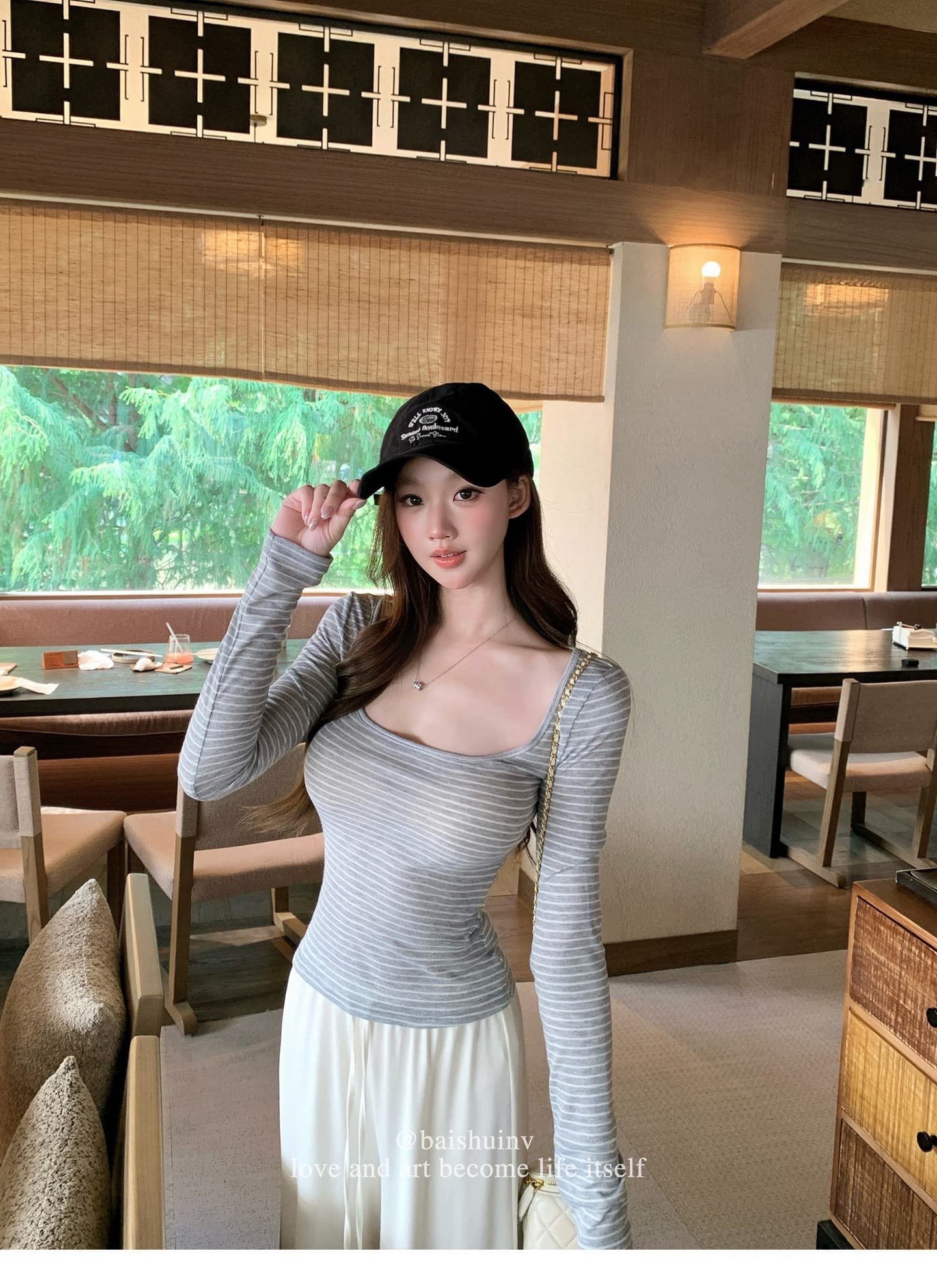 깊은 u 칼라 긴팔 티셔츠 여성 여름과 가을 얇은 스타일 한 부서 부드러운 허리 수축 핫걸 슬림해 보이는 다용도 작은 대중 스트라이프 맨위 상세 이미지 29