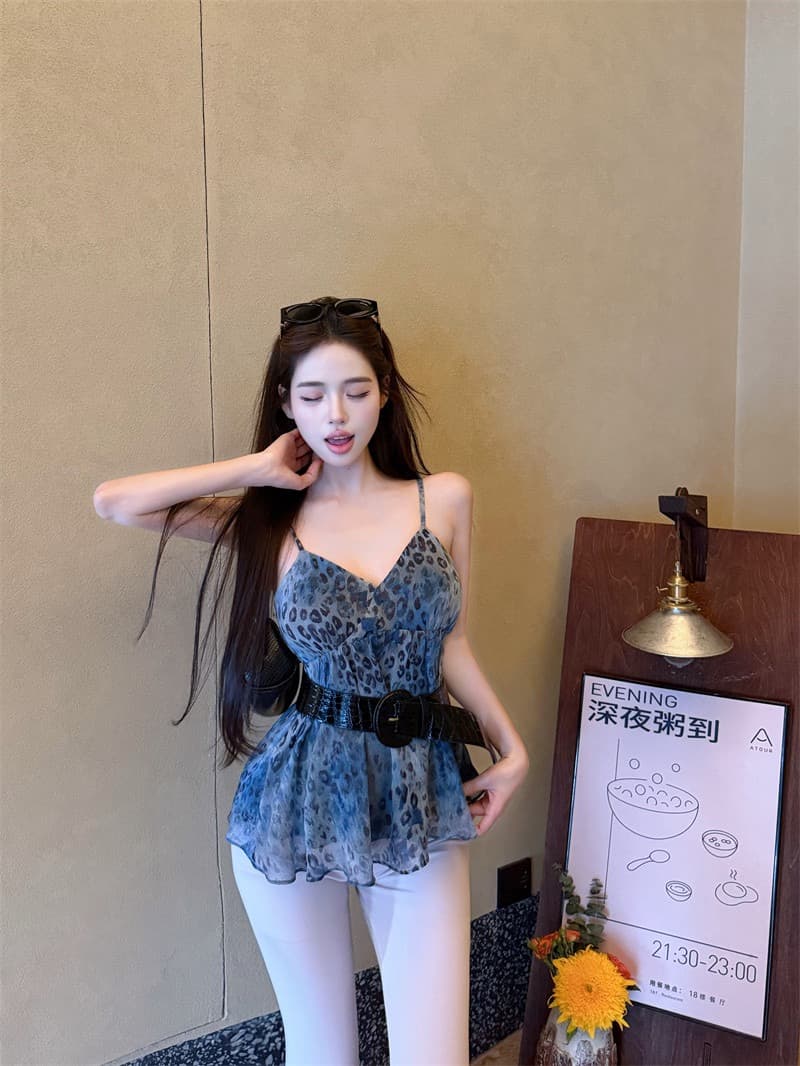 경관 그림 원본 금사 쉬폰 원단 레트로 핫걸 고급 파란색 레오파드 무늬 조끼 슬립 여성 의류 여름 이미지 3