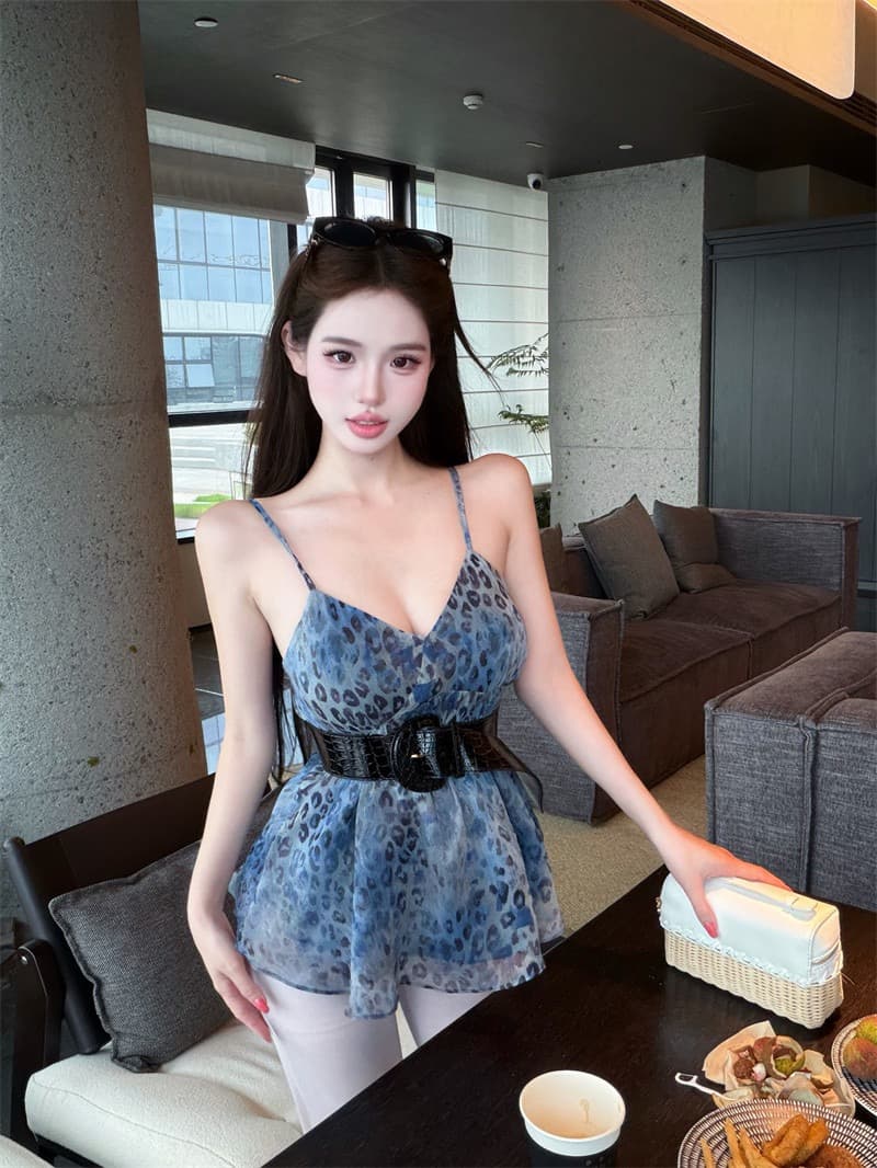 경관 그림 원본 금사 쉬폰 원단 레트로 핫걸 고급 파란색 레오파드 무늬 조끼 슬립 여성 의류 여름 이미지 4