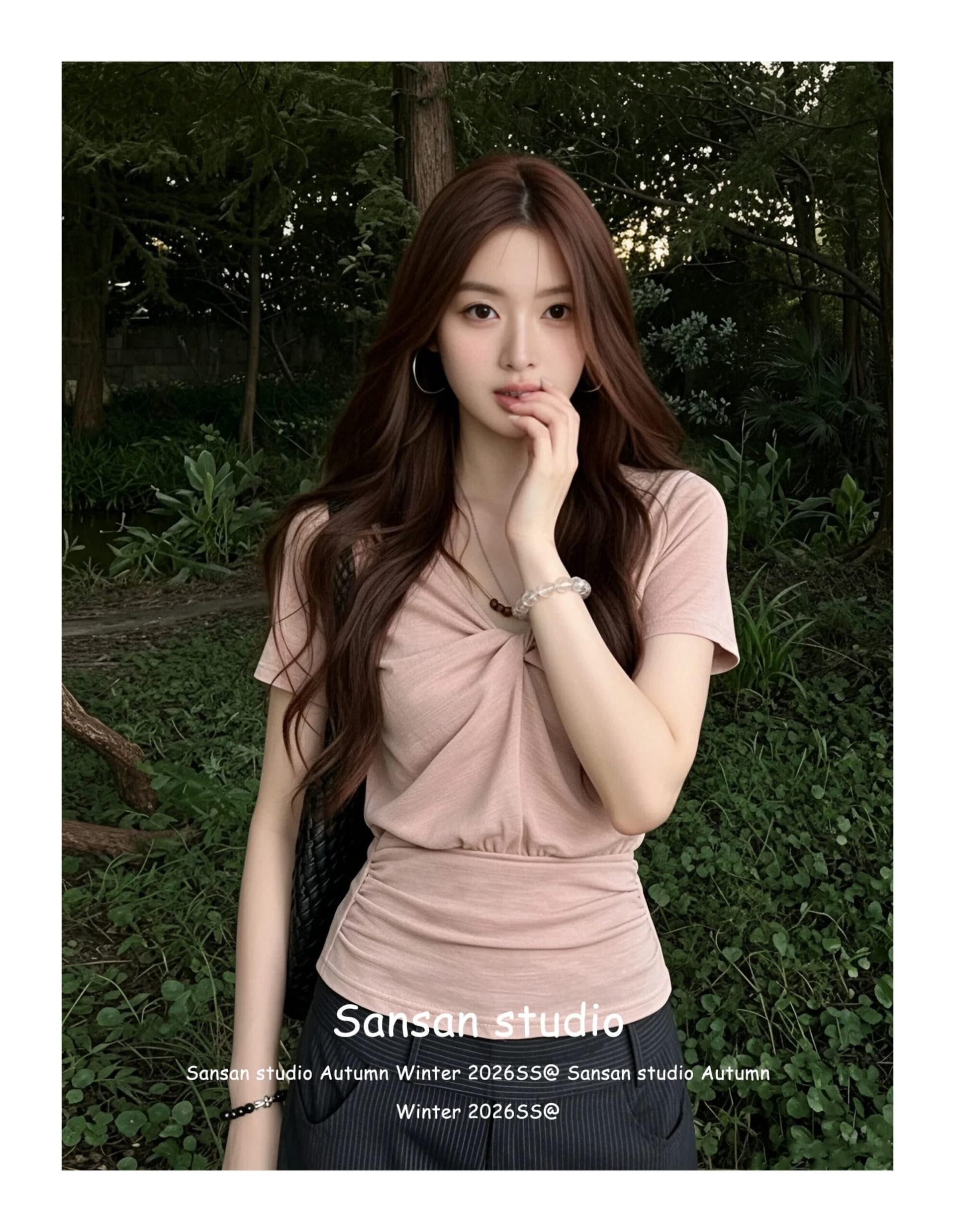 원본 원단 한 부서 비즈 V넥 반팔 여성 여름 비틀림 긍정적 인 어깨 티셔츠 허리 수축 슬림해 보이는 핫걸 맨위 상세 이미지 2