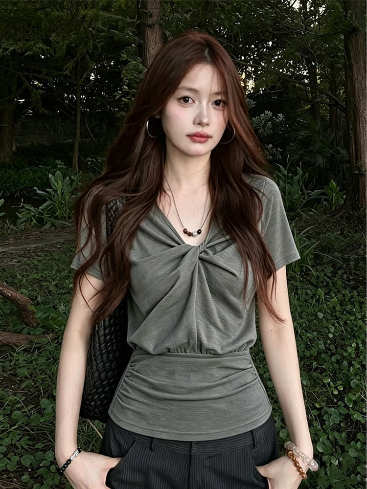 원본 원단 한 부서 비즈 V넥 반팔 여성 여름 비틀림 긍정적 인 어깨 티셔츠 허리 수축 슬림해 보이는 핫걸 맨위 상세 이미지 5