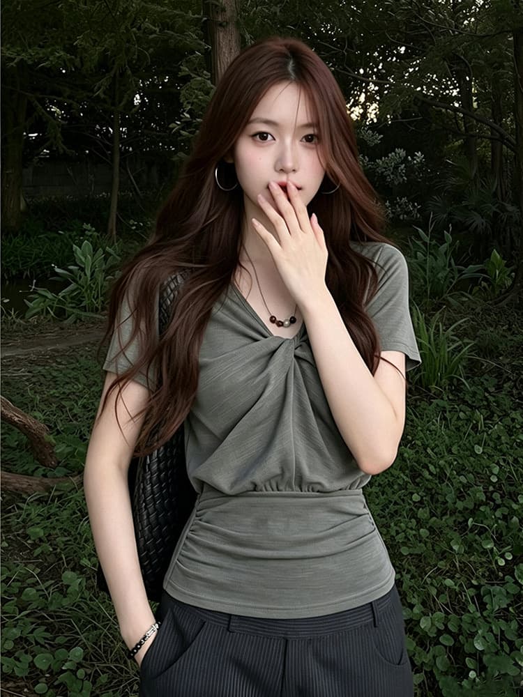 원본 원단 한 부서 비즈 V넥 반팔 여성 여름 비틀림 긍정적 인 어깨 티셔츠 허리 수축 슬림해 보이는 핫걸 맨위 상세 이미지 9