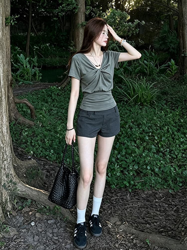원본 원단 한 부서 비즈 V넥 반팔 여성 여름 비틀림 긍정적 인 어깨 티셔츠 허리 수축 슬림해 보이는 핫걸 맨위 상세 이미지 10