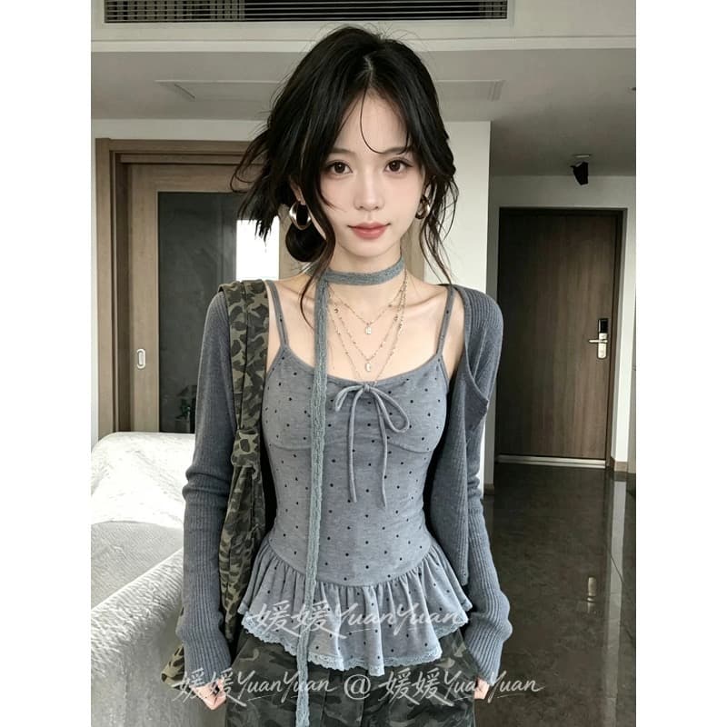 사람들 면 면 센스 4 2 달콤함 프릴 도트 무늬 캐미솔 긴팔 오픈 가디건 여성 가을 투피스 세트