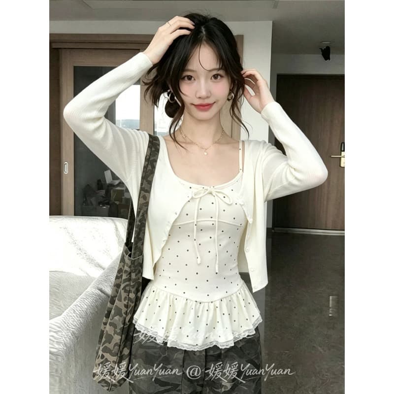 사람들 면 면 센스 4 2 달콤함 프릴 도트 무늬 캐미솔 긴팔 오픈 가디건 여성 가을 투피스 세트 상세 이미지 4