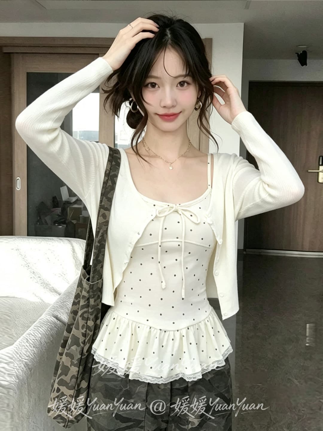 사람들 면 면 센스 4 2 달콤함 프릴 도트 무늬 캐미솔 긴팔 오픈 가디건 여성 가을 투피스 세트 상세 이미지 8