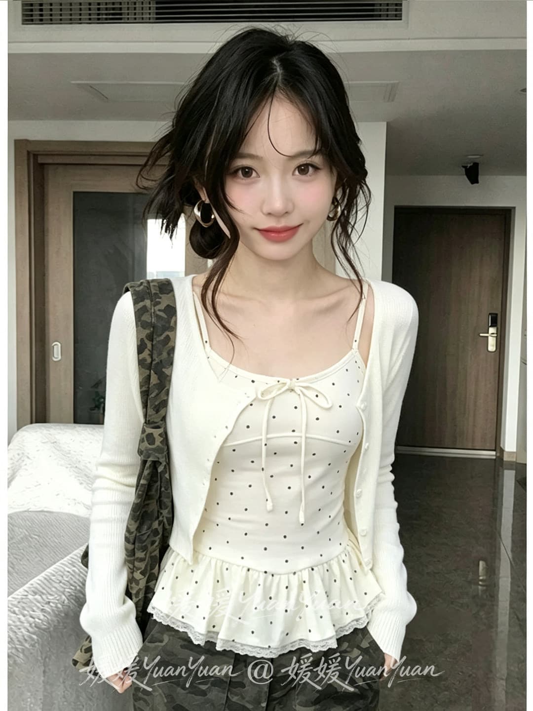 사람들 면 면 센스 4 2 달콤함 프릴 도트 무늬 캐미솔 긴팔 오픈 가디건 여성 가을 투피스 세트 상세 이미지 9