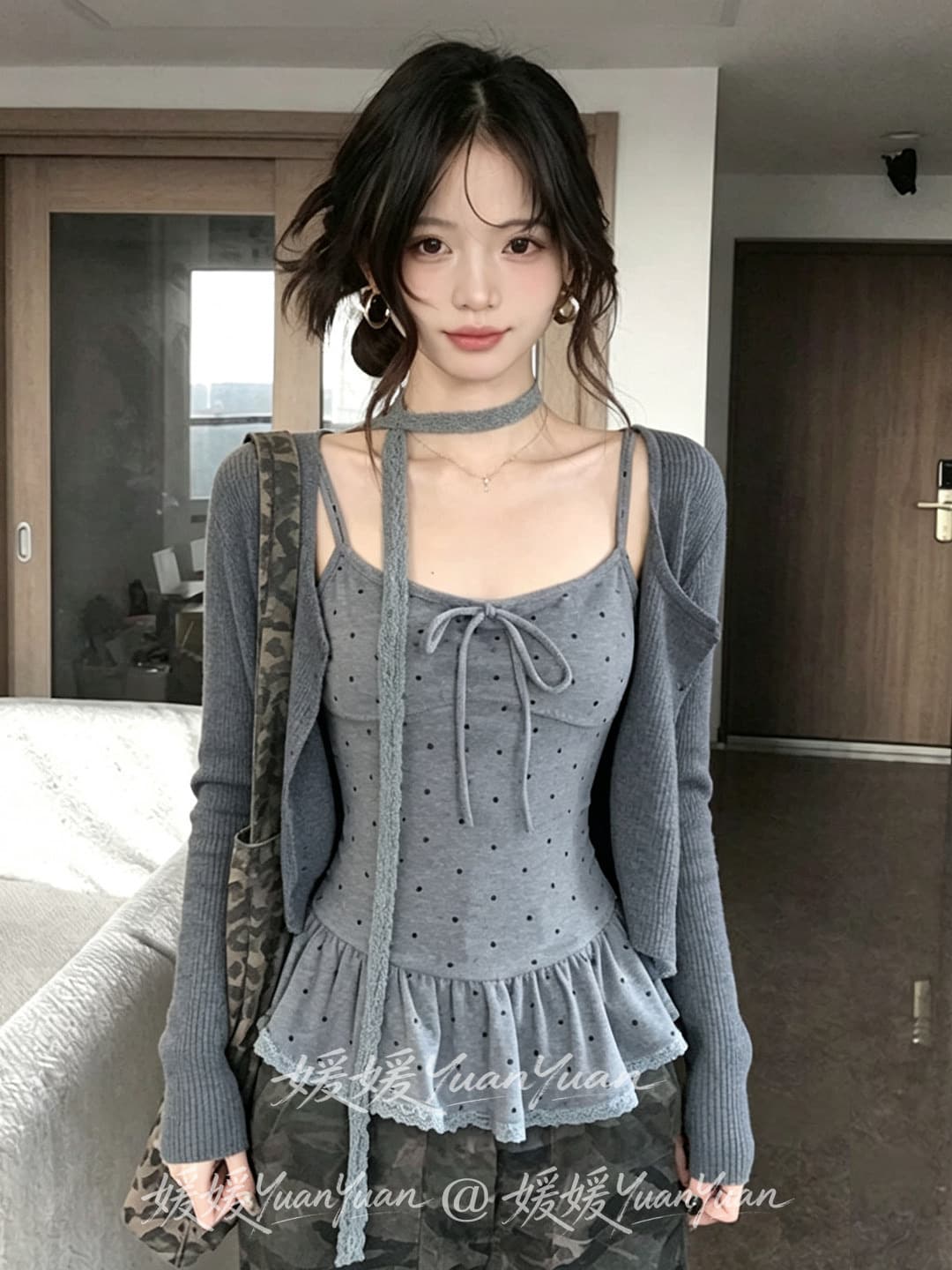사람들 면 면 센스 4 2 달콤함 프릴 도트 무늬 캐미솔 긴팔 오픈 가디건 여성 가을 투피스 세트 상세 이미지 10