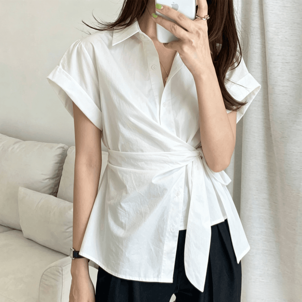 느긋한 POLO 칼라 반팔 여성 셔츠 여름 2026 한국 스타일 허리 수축 레이스업 루즈핏 캐주얼 미니멀리즘 다용도 맨위