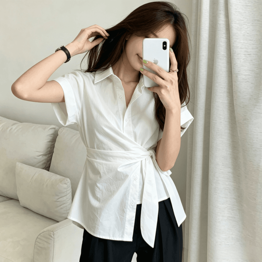 느긋한 POLO 칼라 반팔 여성 셔츠 여름 2026 한국 스타일 허리 수축 레이스업 루즈핏 캐주얼 미니멀리즘 다용도 맨위 상세 이미지 8