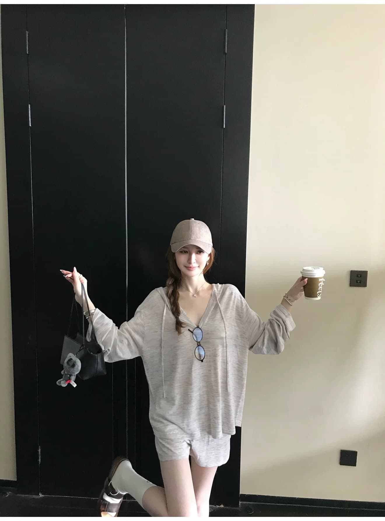 게으른 빛 산소 캐주얼 스포츠 슈트 여성 봄 여름 투피스 세트 반바지 후드티 루즈핏 가정 외출용 러닝 서비스 상세 이미지 42