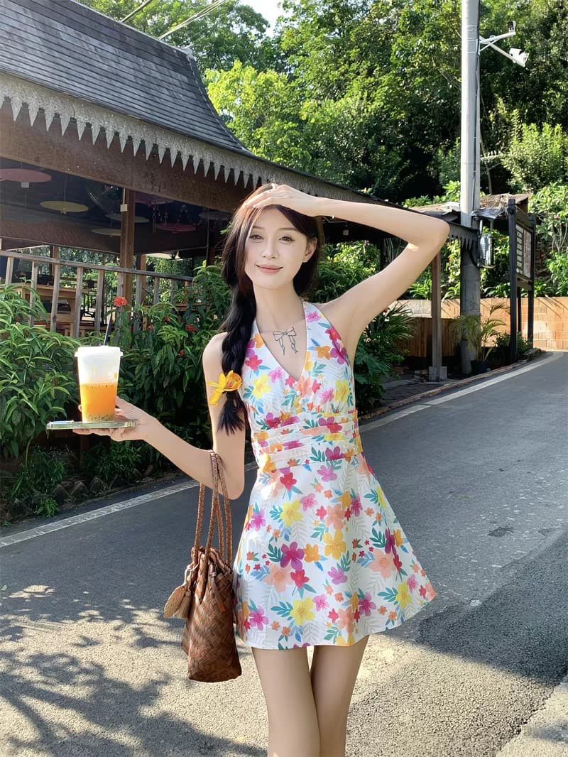 도파민 색상 꽃무늬 V넥 행침 목 여성 드레스 여름 작은 키 삼아 해변가 휴가 바람 허리 수축 미니 스커트 이미지 2