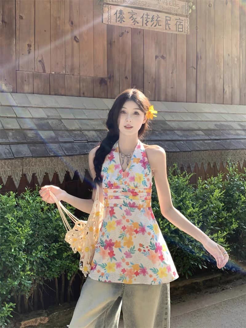 도파민 색상 꽃무늬 V넥 행침 목 여성 드레스 여름 작은 키 삼아 해변가 휴가 바람 허리 수축 미니 스커트 이미지 4