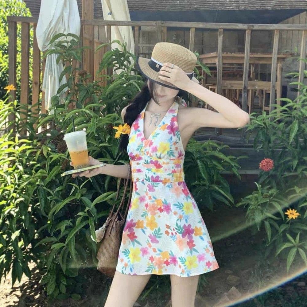 도파민 색상 꽃무늬 V넥 행침 목 여성 드레스 여름 작은 키 삼아 해변가 휴가 바람 허리 수축 미니 스커트 이미지 5