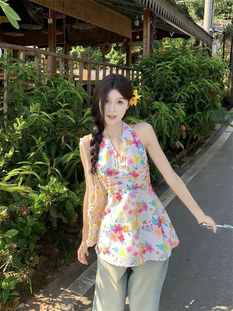도파민 색상 꽃무늬 V넥 행침 목 여성 드레스 여름 작은 키 삼아 해변가 휴가 바람 허리 수축 미니 스커트 상세 이미지 2